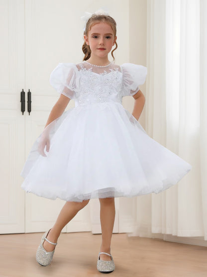 A-Line/Princess Scoop Puff Sleeves Tulle Flower Girl Dresses with Beading