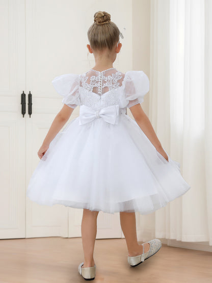 A-Line/Princess Scoop Puff Sleeves Tulle Flower Girl Dresses with Beading