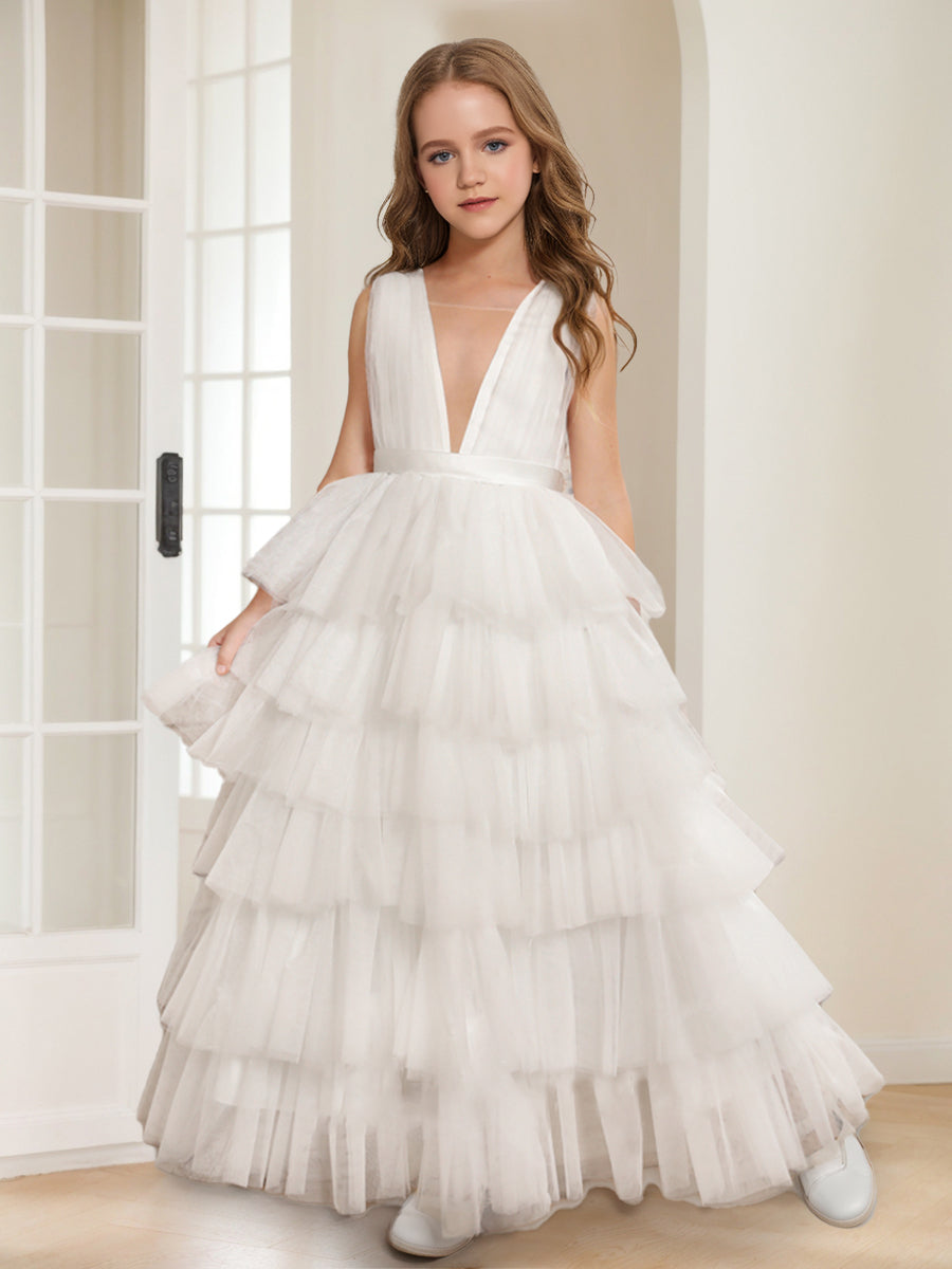 A-Line/Princess V-Neck Floor-Length Tiered Tulle Flower Girl Dresses