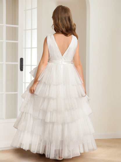 A-Line/Princess V-Neck Floor-Length Tiered Tulle Flower Girl Dresses