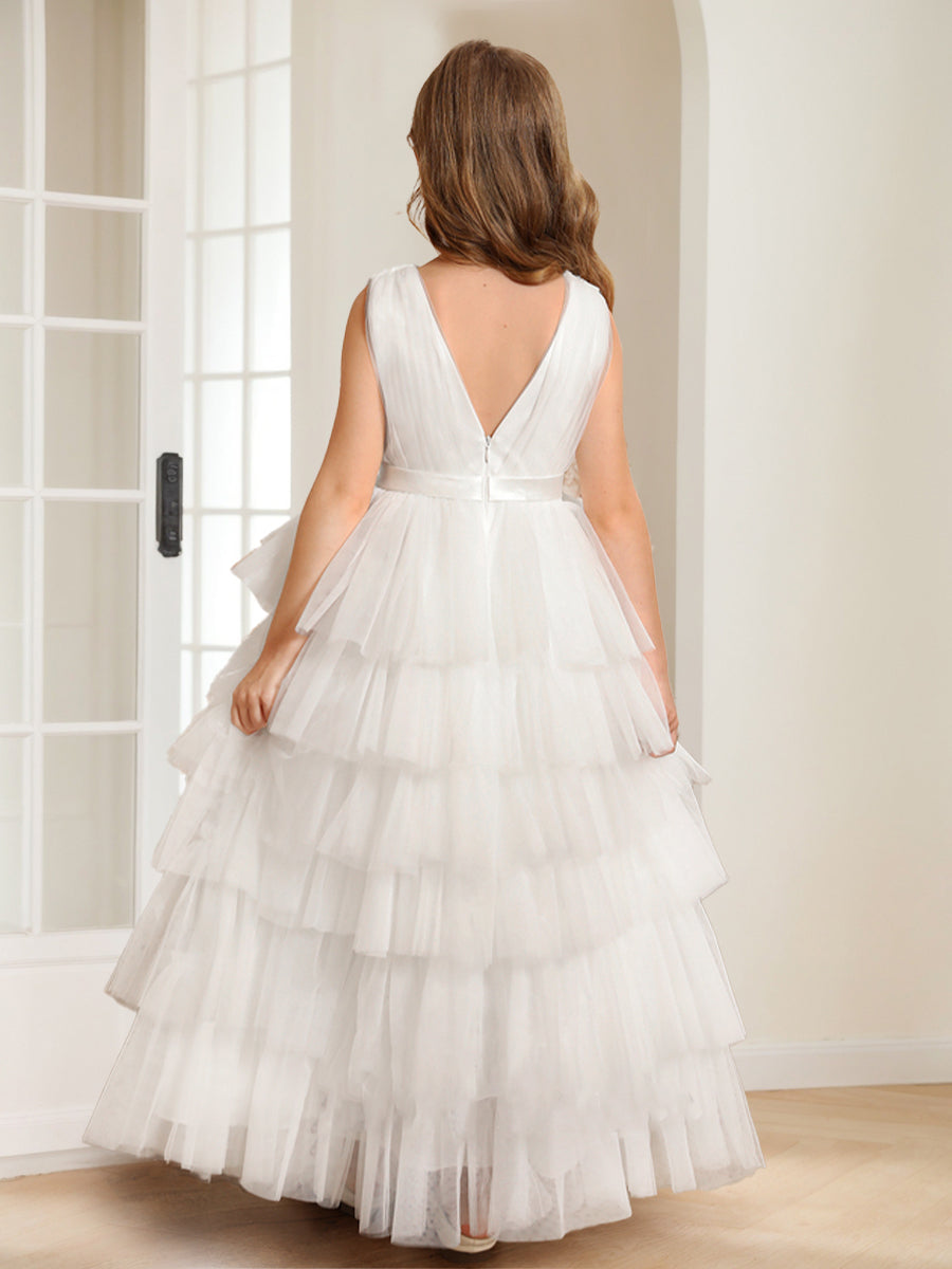 A-Line/Princess V-Neck Floor-Length Tiered Tulle Flower Girl Dresses