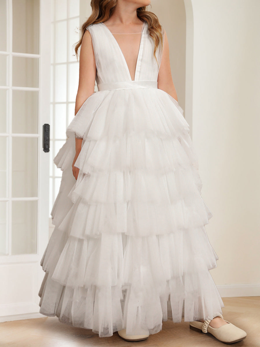 A-Line/Princess V-Neck Floor-Length Tiered Tulle Flower Girl Dresses