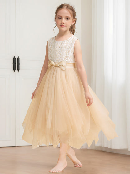 A-Line/Princess Scoop Tea-Length Lace Tulle Flower Girl Dresses with Bow