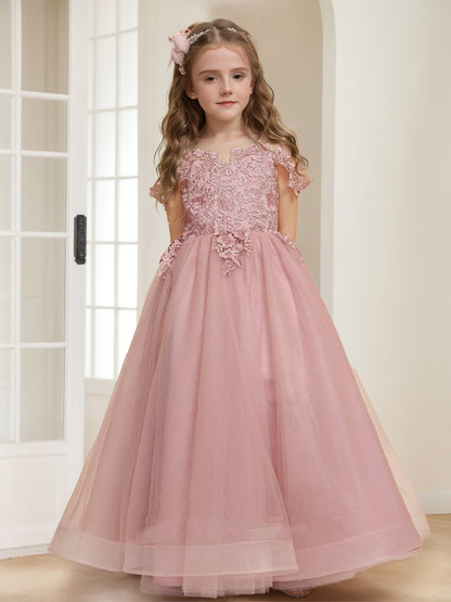 A-Line/Princess Cold Shoulder Appliques Tulle Flower Girl Dresses