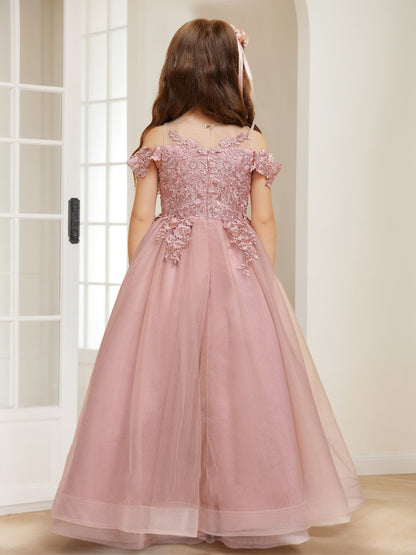 A-Line/Princess Cold Shoulder Appliques Tulle Flower Girl Dresses