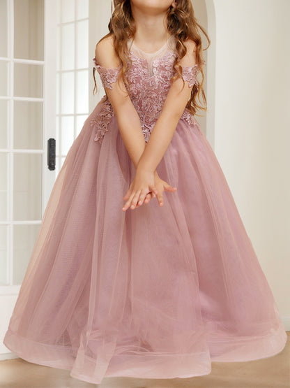 A-Line/Princess Cold Shoulder Appliques Tulle Flower Girl Dresses