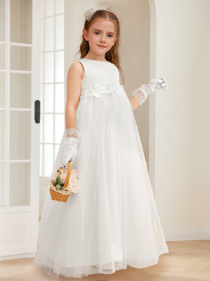 A-Line/Princess Scoop Satin Tulle Flower Girl Dresses with Flowers