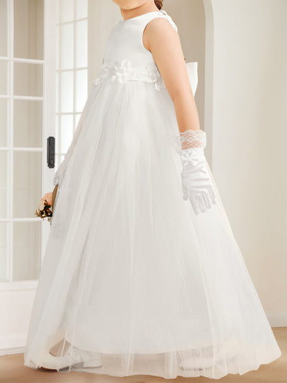 A-Line/Princess Scoop Satin Tulle Flower Girl Dresses with Flowers