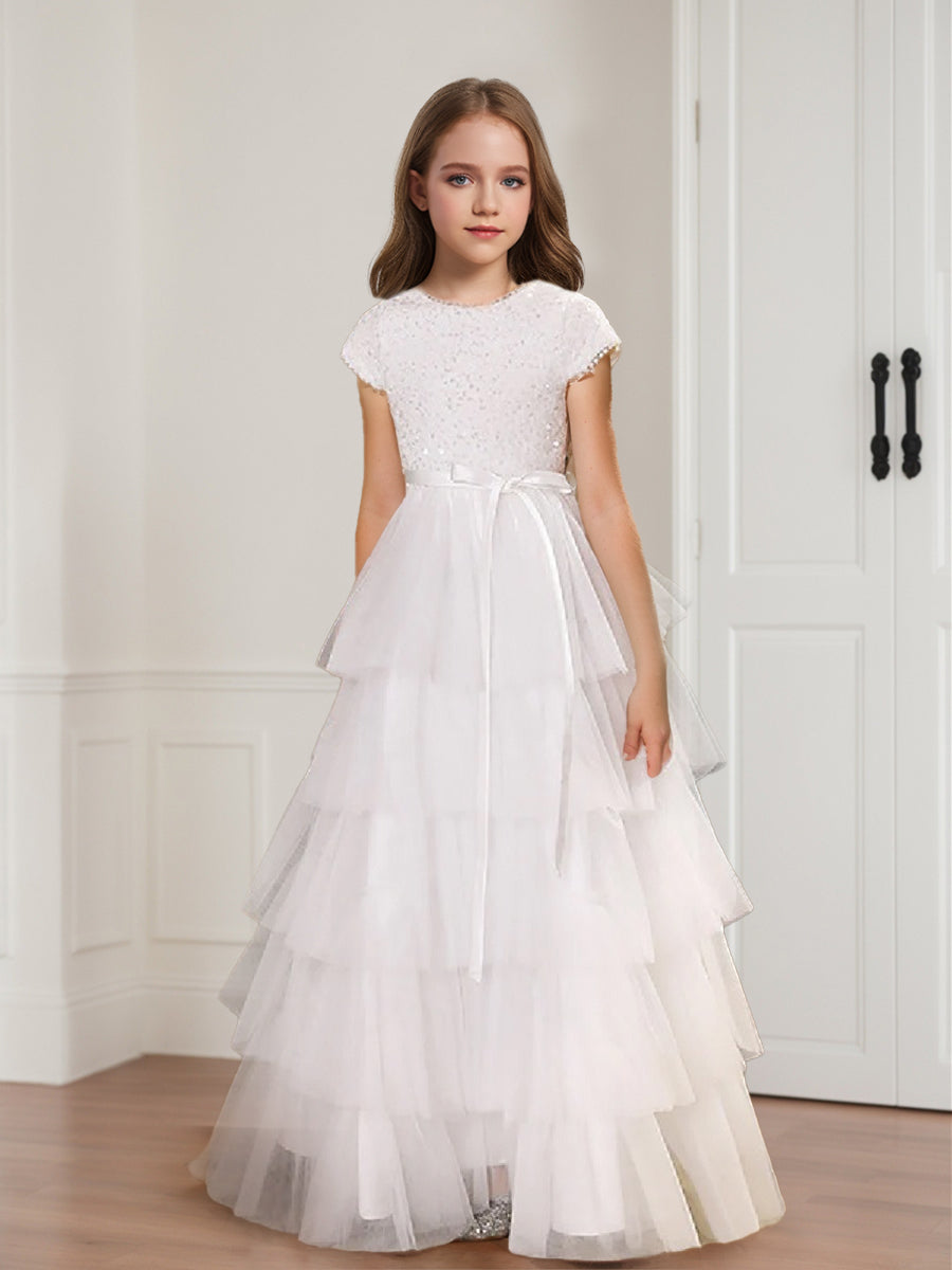 A-Line/Princess Scoop Sequin Tulle Flower Girl Dresses with Ruffles