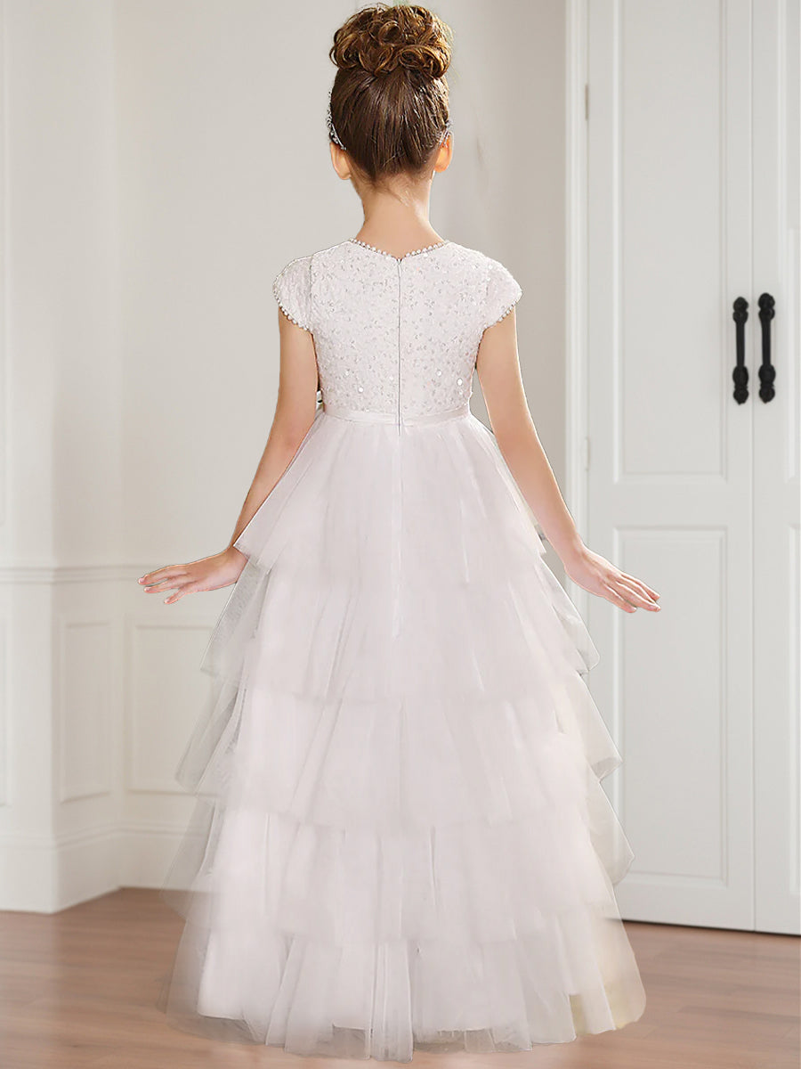 A-Line/Princess Scoop Sequin Tulle Flower Girl Dresses with Ruffles