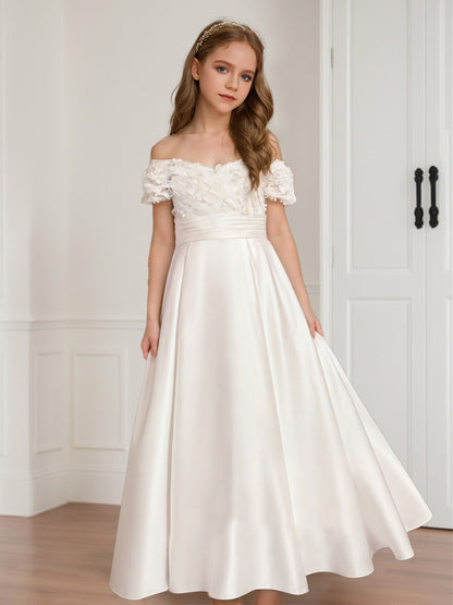 A-Line/Princess Off-the-Shoulder Short Sleeves Satin Flower Girl Dresses