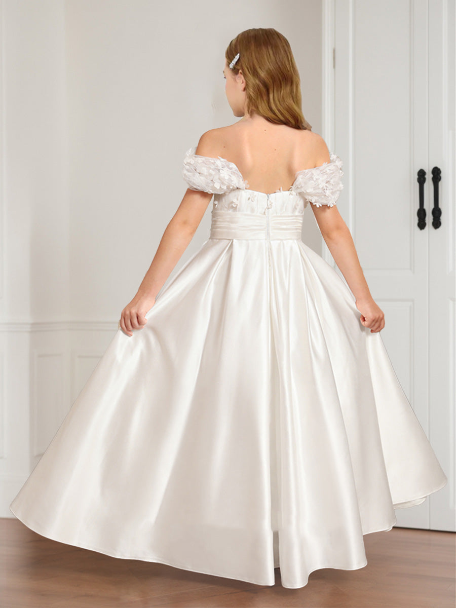 A-Line/Princess Off-the-Shoulder Short Sleeves Satin Flower Girl Dresses