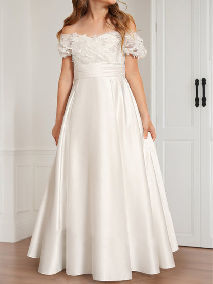 A-Line/Princess Off-the-Shoulder Short Sleeves Satin Flower Girl Dresses