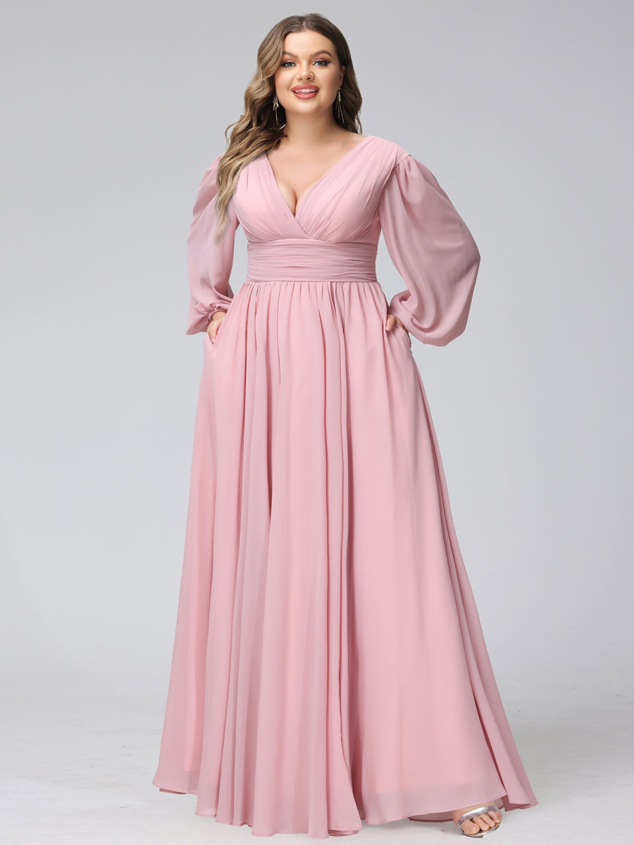 A-Line V-Neck Long Sleeves Long Chiffon Plus Size Bridesmaid Dresses With Split Side Pockets