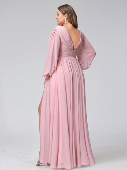 A-Line V-Neck Long Sleeves Long Chiffon Plus Size Bridesmaid Dresses With Split Side Pockets