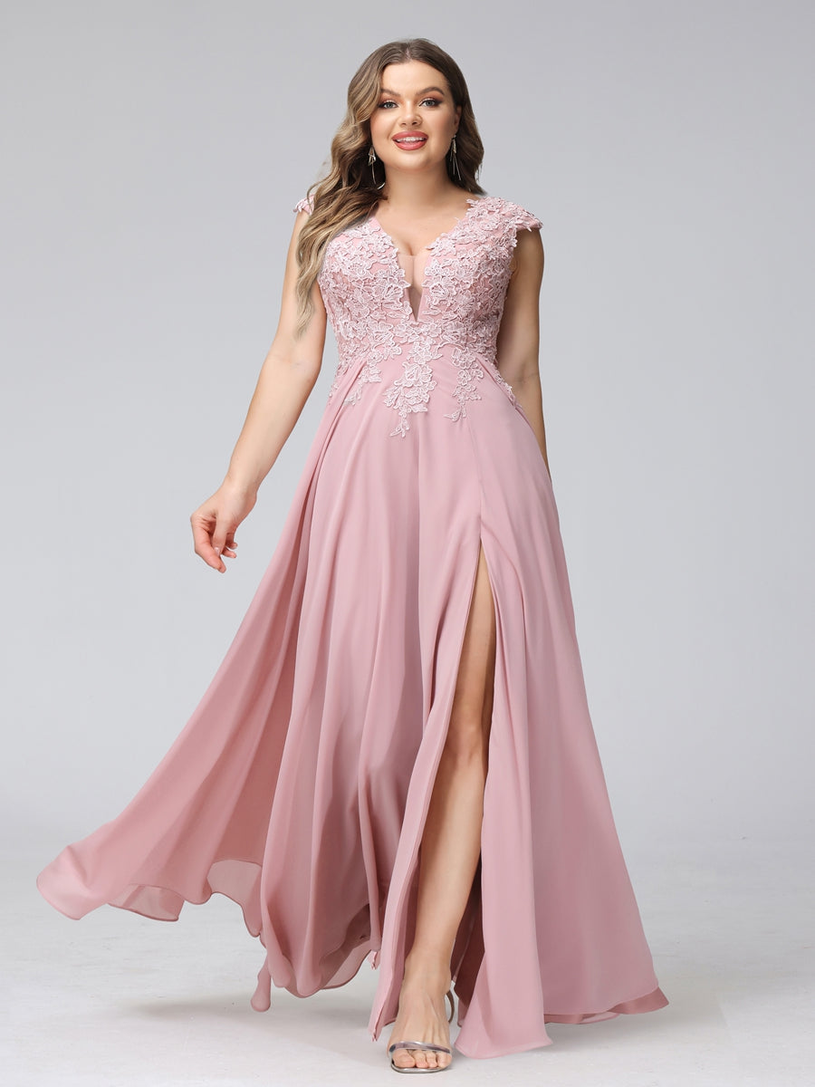 A-Line V-Neck Sleeveless Chiffon Long  Plus Size Bridesmaid Dresses With Applique Split Side