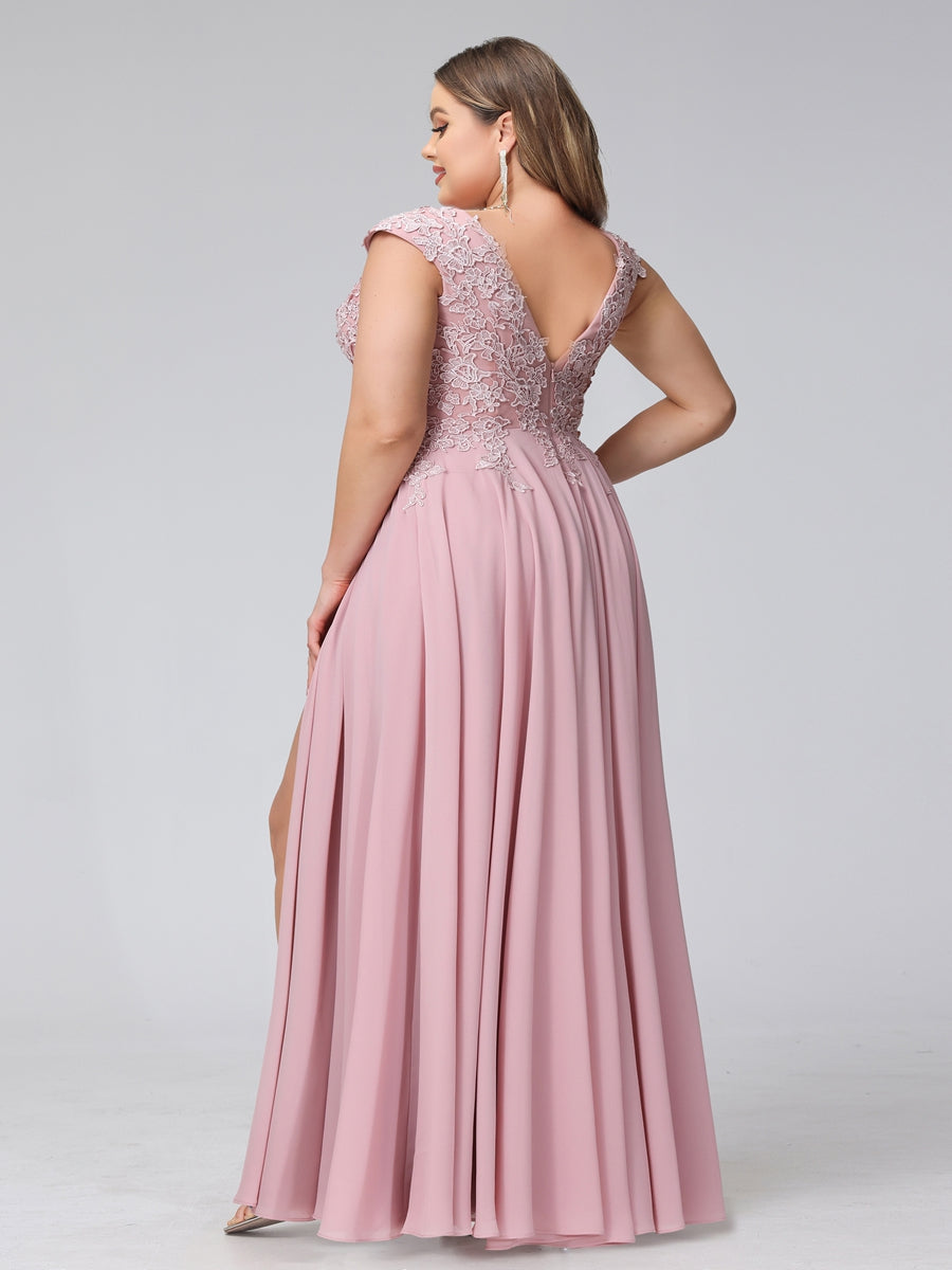 A-Line V-Neck Sleeveless Chiffon Long  Plus Size Bridesmaid Dresses With Applique Split Side