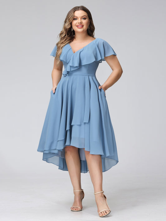 A-Line V-Neck Short Sleeves Asymmetrical Chiffon Plus Size Bridesmaid Dresses With Pockets