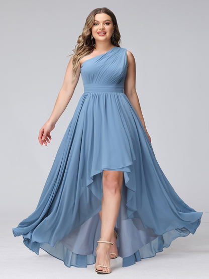 A-Line One-Shoulder Sleeveless Chiffon High Low Plus Size Bridesmaid Dresses with Pockets