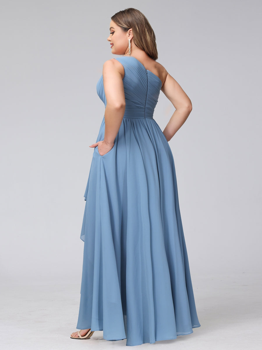 A-Line One-Shoulder Sleeveless Chiffon High Low Plus Size Bridesmaid Dresses with Pockets