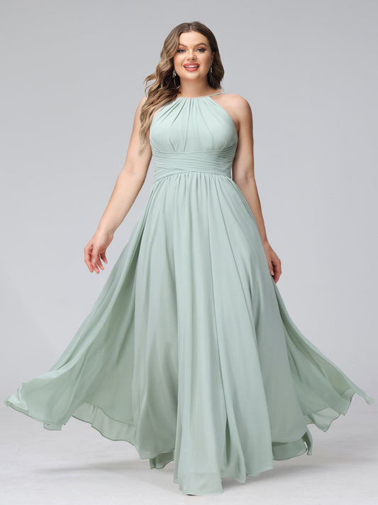 A-Line Halter Sleeveless Ruched Floor-Length Chiffon Plus Size Bridesmaid Dresses