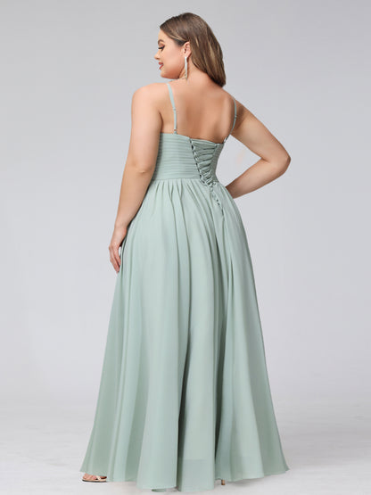 A-Line Halter Sleeveless Ruched Floor-Length Chiffon Plus Size Bridesmaid Dresses