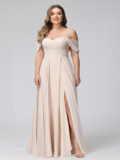 A-Line Off-the-Shoulder Sleeveless Ruched Long Chiffon Plus Size Bridesmaid Dresses with Split Side