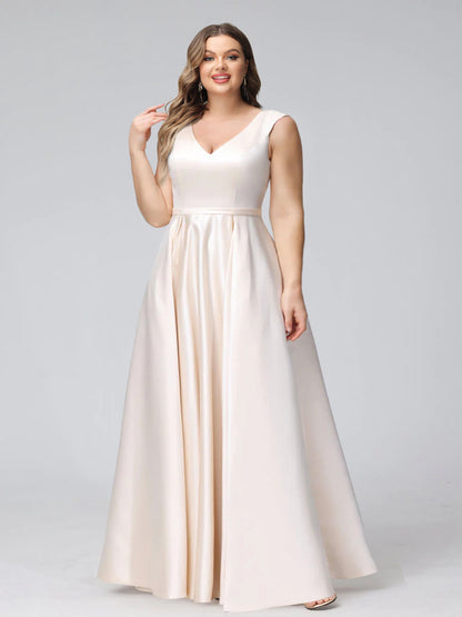 A-Line V-Neck Sleeveless Floor-Length Satin Plus Size Bridesmaid Dresses With Pockets