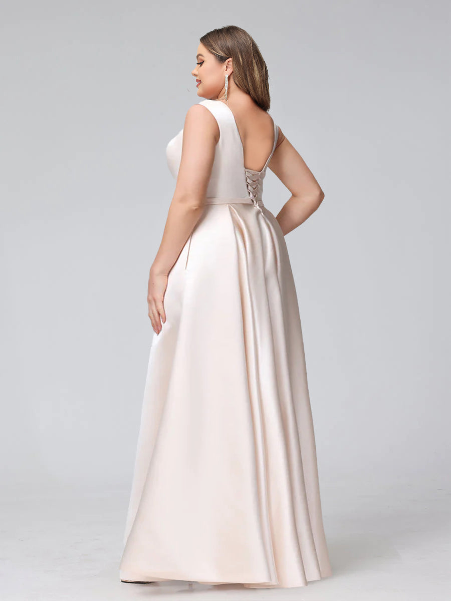 A-Line V-Neck Sleeveless Floor-Length Satin Plus Size Bridesmaid Dresses With Pockets