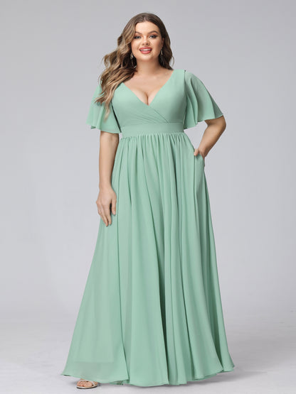 A-Line V-Neck Half Sleeves Long Chiffon Plus Size Bridesmaid Dresses with Ruffles Split Side Pockets