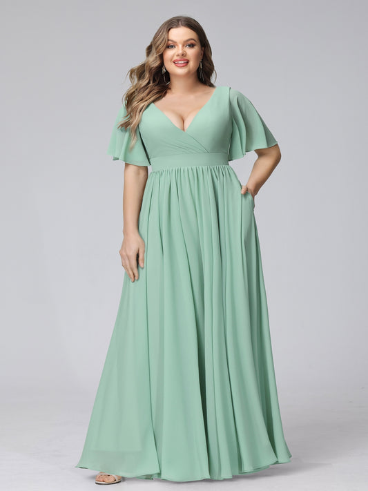 A-Line V-Neck Half Sleeves Long Chiffon Plus Size Bridesmaid Dresses with Ruffles Split Side Pockets