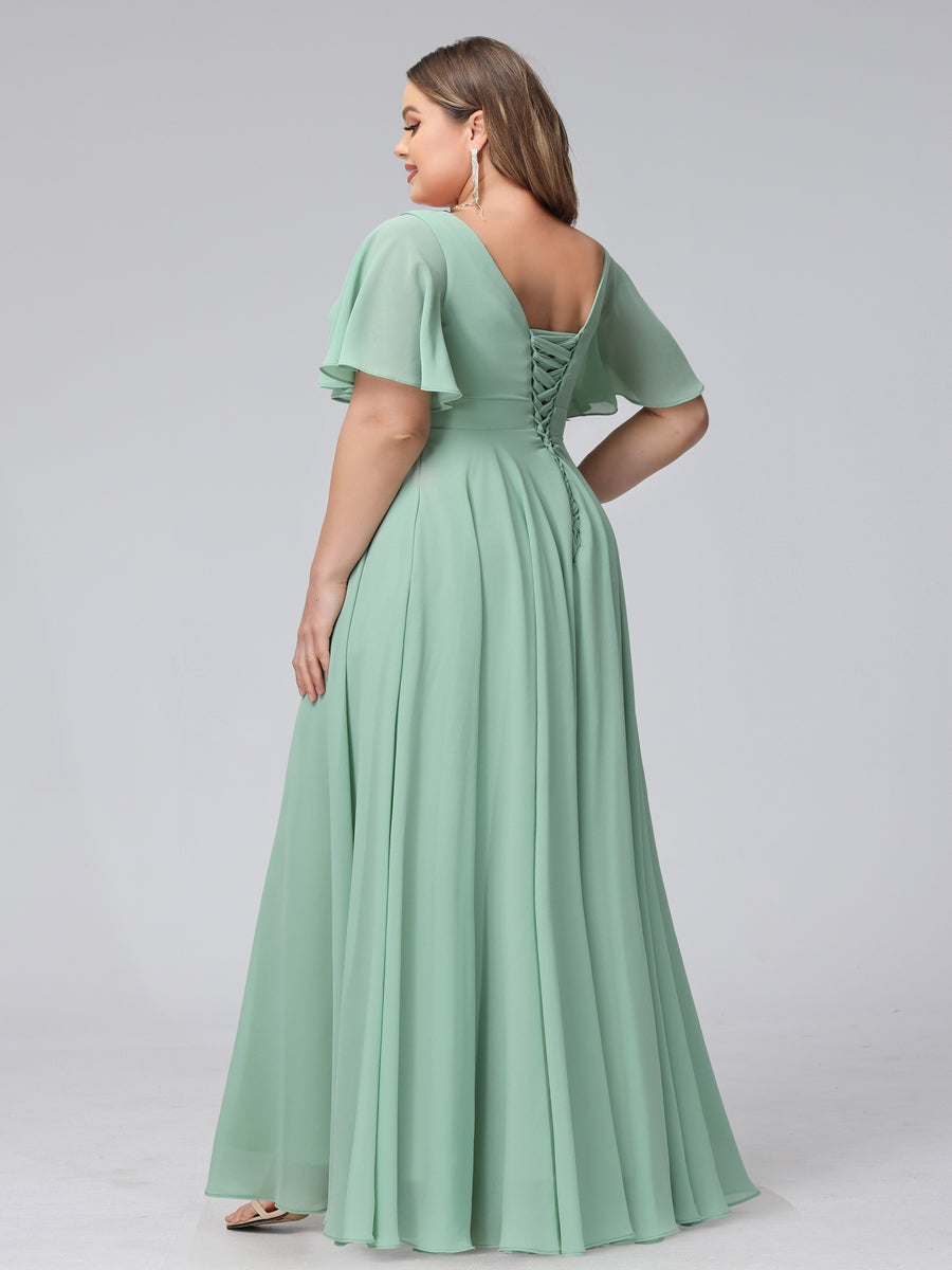 A-Line V-Neck Half Sleeves Long Chiffon Plus Size Bridesmaid Dresses with Ruffles Split Side Pockets