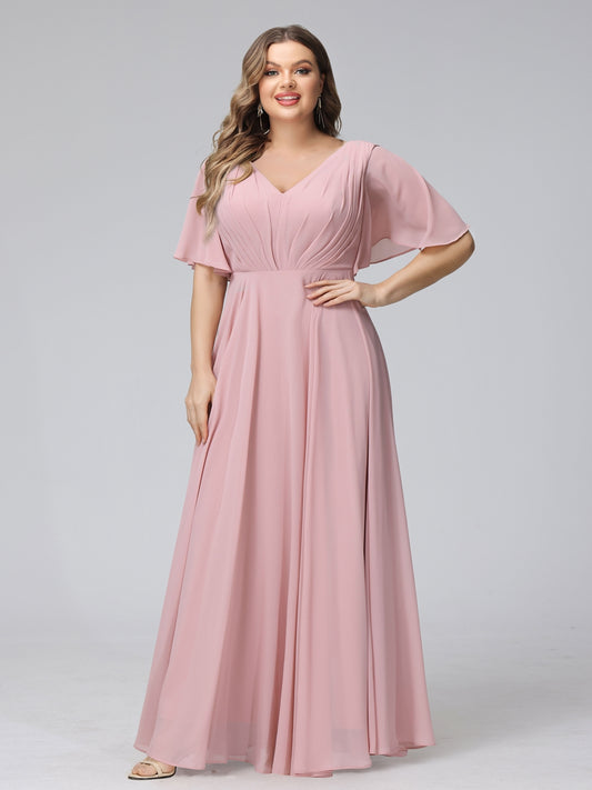 A-Line V-Neck Half Sleeves Long Chiffon Plus Size Bridesmaid Dresses With Ruffles Pockets