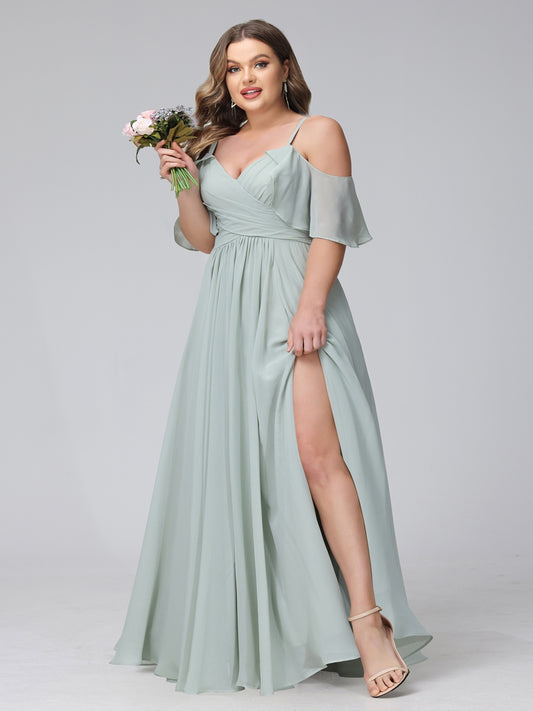 A-Line V-Neck Chiffon Long Plus Size Bridesmaid Dresses With Split Side & Spaghetti Straps