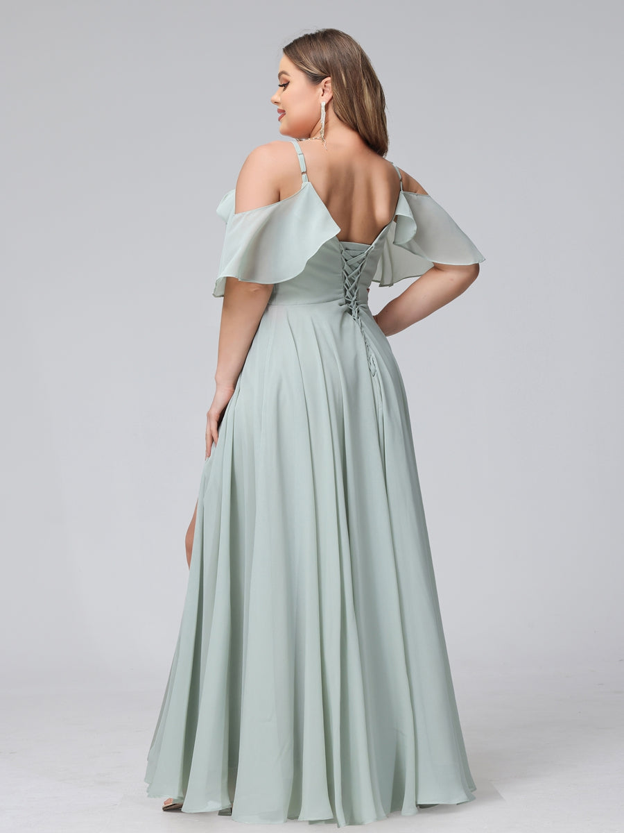 A-Line V-Neck Chiffon Long Plus Size Bridesmaid Dresses With Split Side & Spaghetti Straps