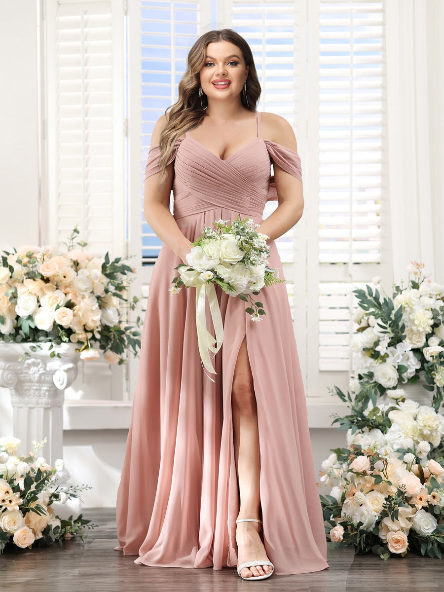 A-Line V-Neck Spaghetti Straps Split Side Floor-Length Chiffon Plus Size Bridesmaid Dresses