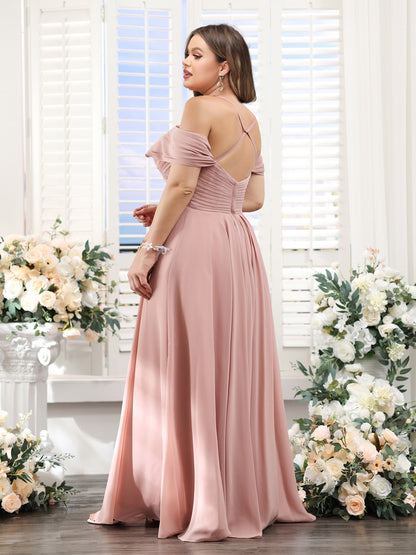 A-Line V-Neck Spaghetti Straps Split Side Floor-Length Chiffon Plus Size Bridesmaid Dresses