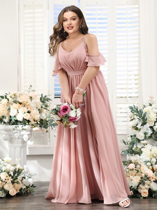 A-Line Spaghetti Straps Split Side Ruched Floor-Length Chiffon Plus Size Bridesmaid Dresses