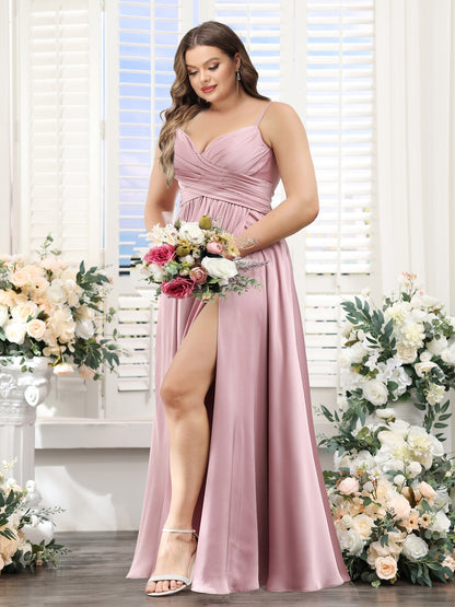 A-Line Spaghetti Straps Sleeveless Ruched Split Side Floor-Length Silk Satin Plus Size Bridesmaid Dresses