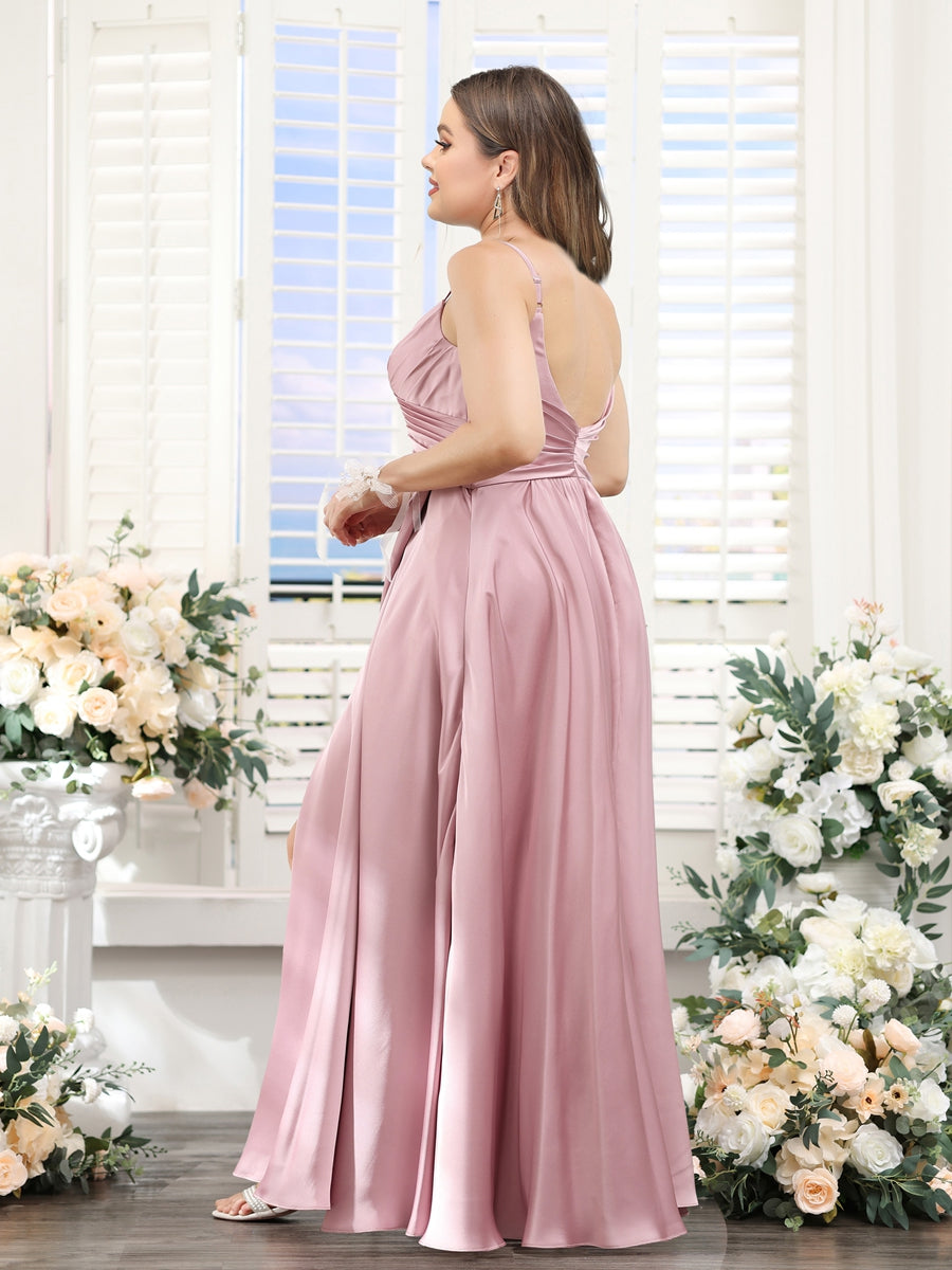 A-Line Spaghetti Straps Sleeveless Ruched Split Side Floor-Length Silk Satin Plus Size Bridesmaid Dresses