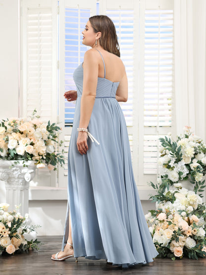 A-Line Ruched V-Neck Spaghetti Straps Split Side Floor-Length Chiffon Plus Size Bridesmaid Dresses