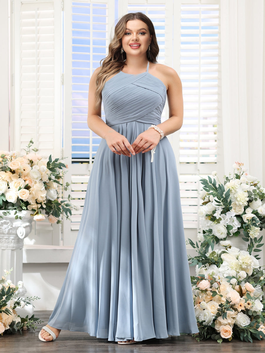 A-Line Halter Sleeveless Ruched Floor-Length Chiffon Plus Size Bridesmaid Dresses