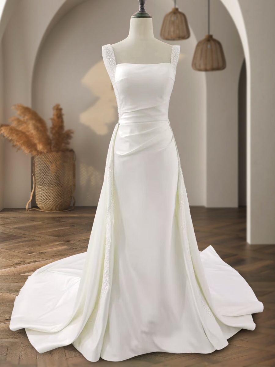 A-Line/Princess Square Neck Sleeveless Beading Wedding Dresses