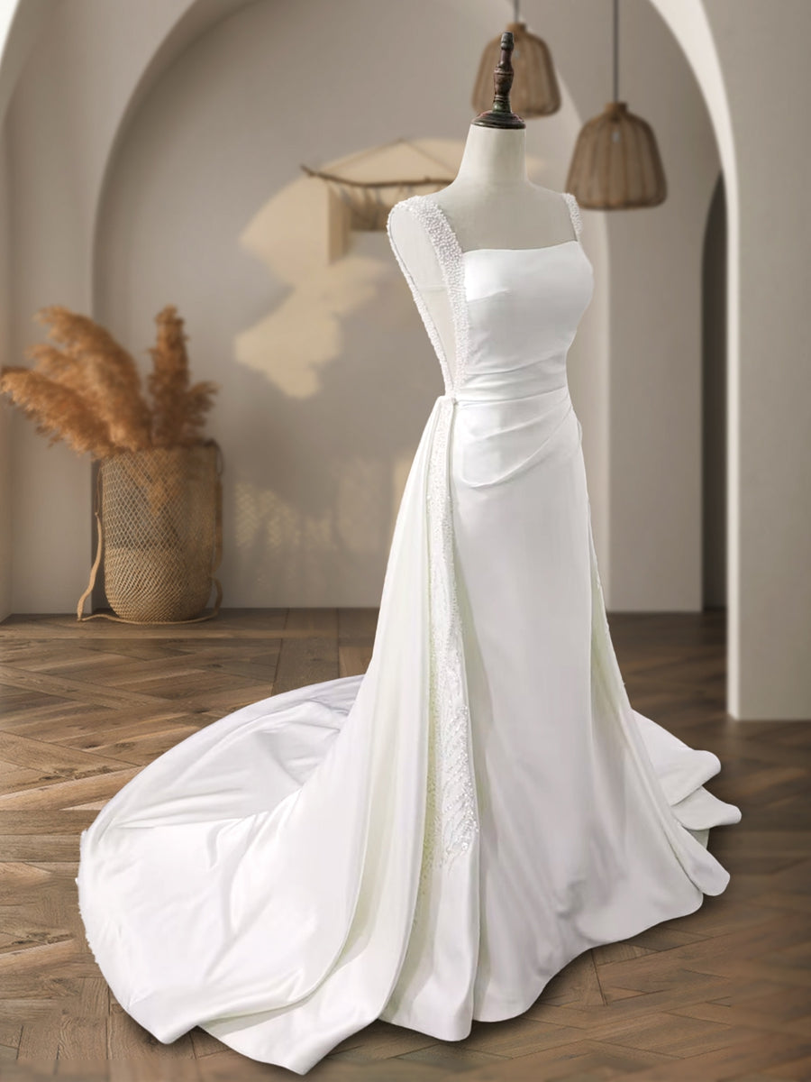 A-Line/Princess Square Neck Sleeveless Beading Wedding Dresses