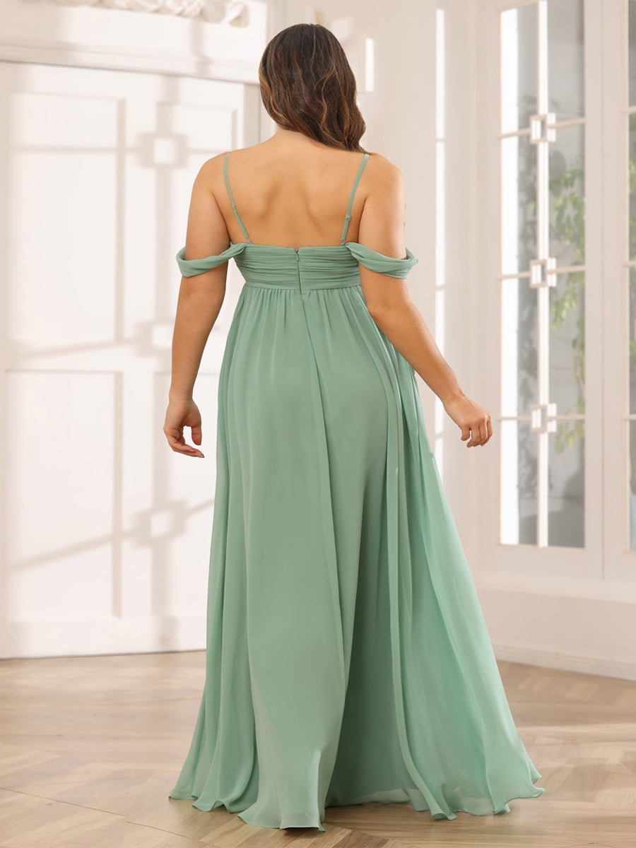 A-Line/Princess Spaghetti Straps Off-The-Shoulder Long Plus Size Bridesmaid Dresses With Split Side