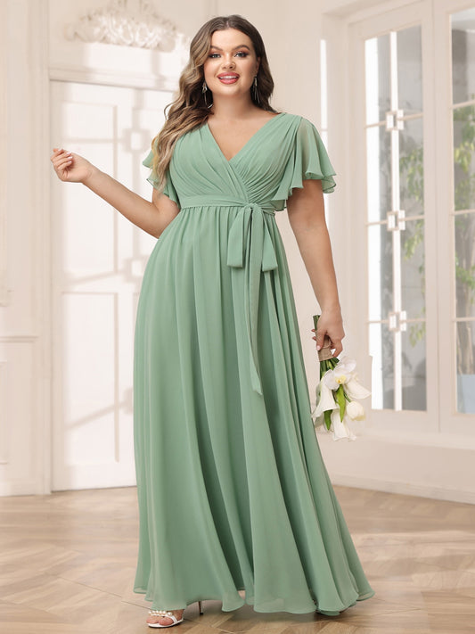 A-Line/Princess V-Neck Short Sleeves Long Plus Size Bridesmaid Dresses with Sash