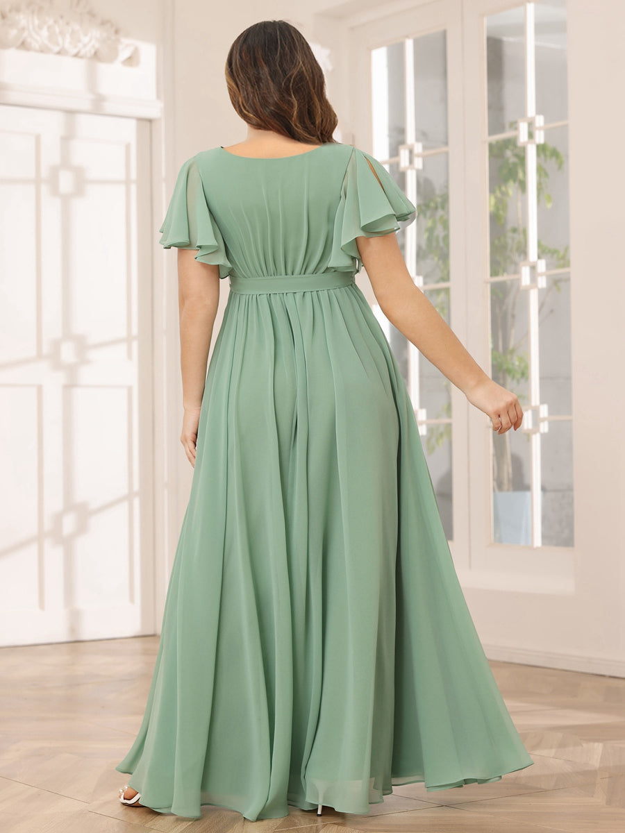 A-Line/Princess V-Neck Short Sleeves Long Plus Size Bridesmaid Dresses with Sash