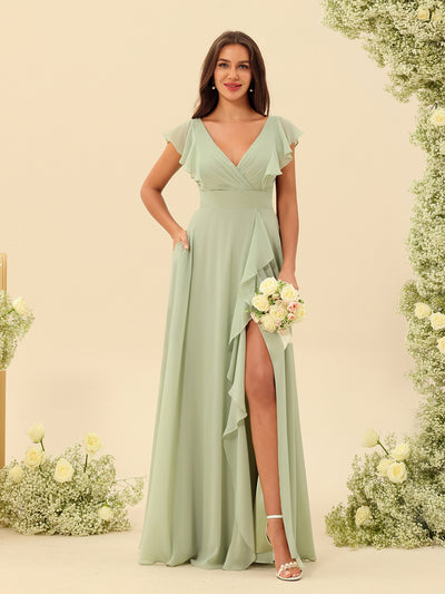 A-Line/Princess V-Neck Long Bridesmaid Dresses with Ruffles