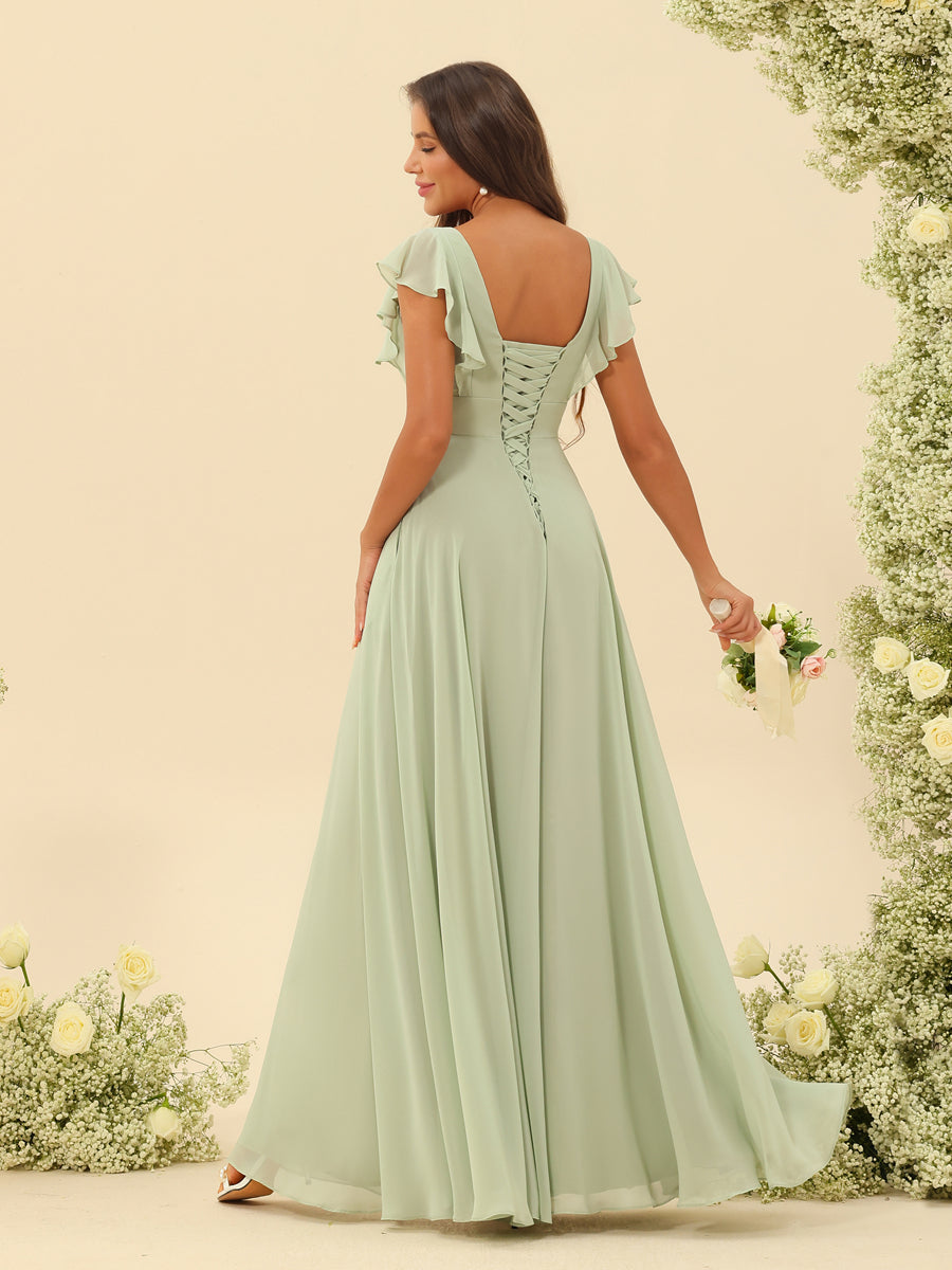 A-Line/Princess V-Neck Long Bridesmaid Dresses with Ruffles