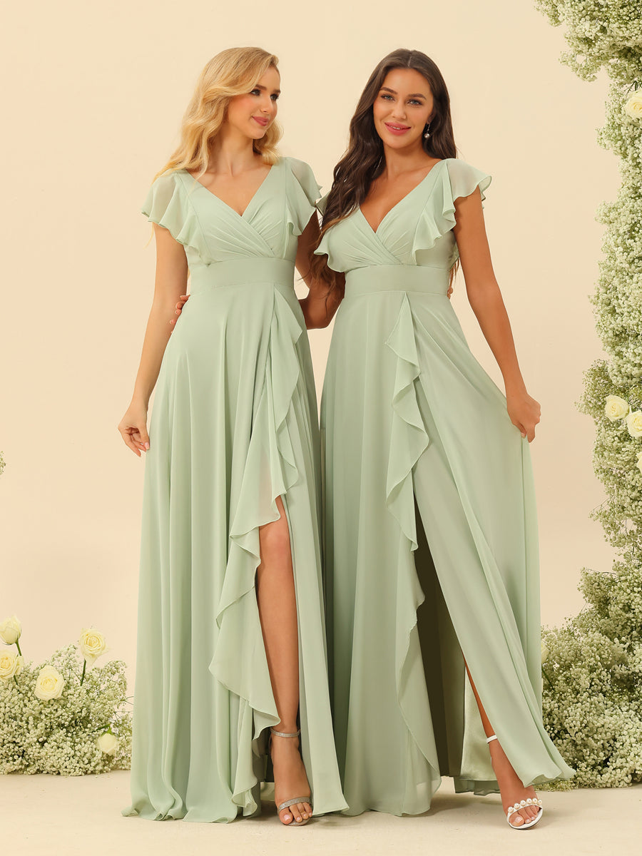 A-Line/Princess V-Neck Long Bridesmaid Dresses with Ruffles